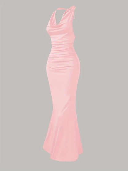 Women's evening dress with cowl neckline and back tie – elegant maxi dress for festive occasions