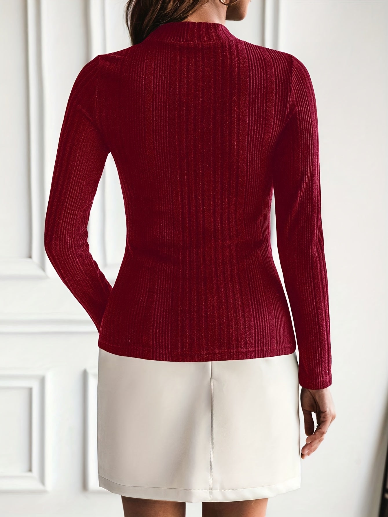 Women's ribbed turtleneck sweater with shoulder buttons, long sleeves