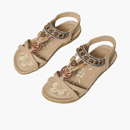 Women's Boho Sandals with Decorative Jewelry and Elastic Ankle Strap – Comfortable Summer Shoes for Casual Wear and Vacation