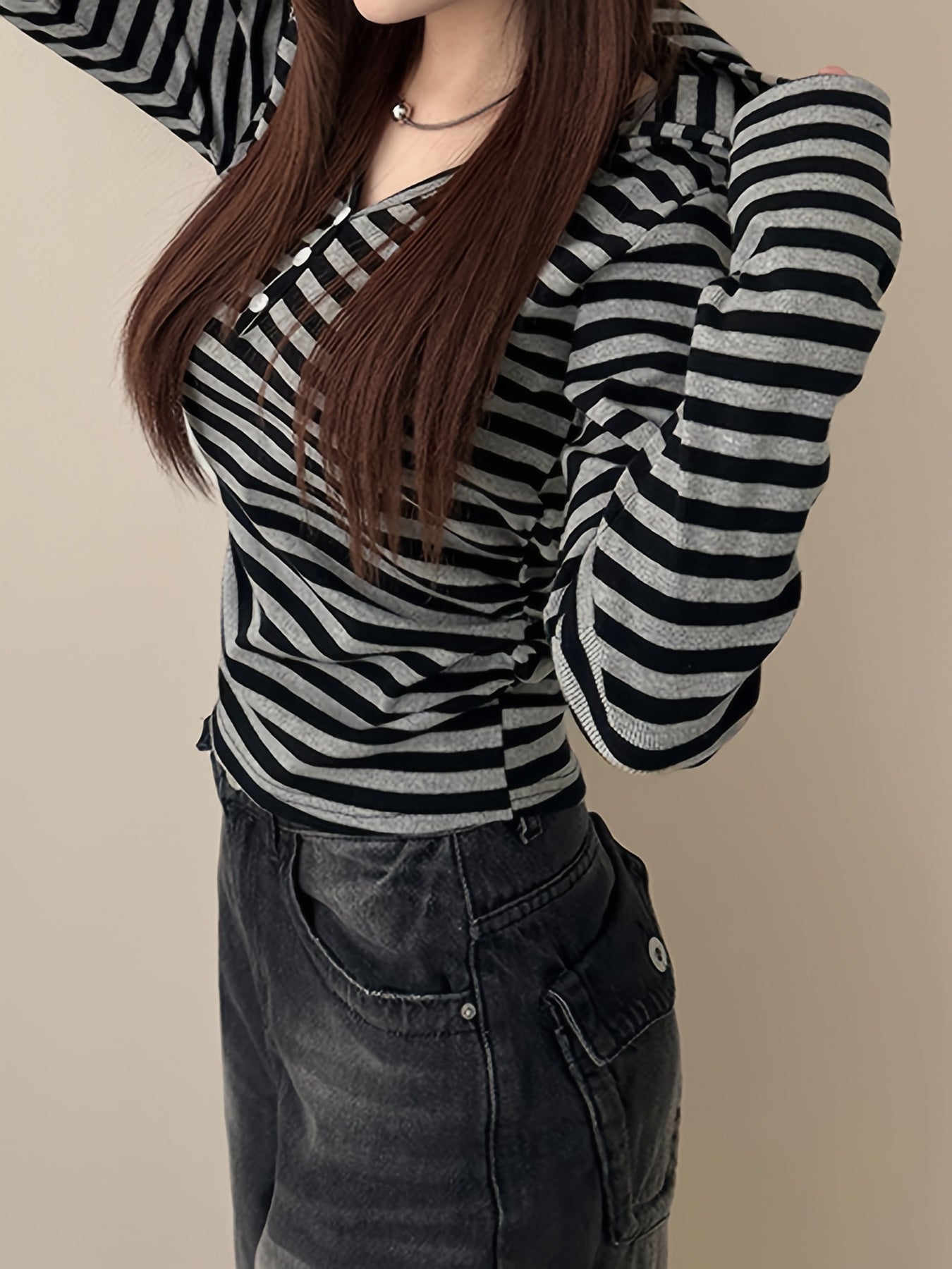 Damen Langarmshirt gestreift mit Knopfleiste