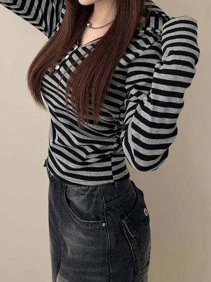 Damen Langarmshirt gestreift mit Knopfleiste