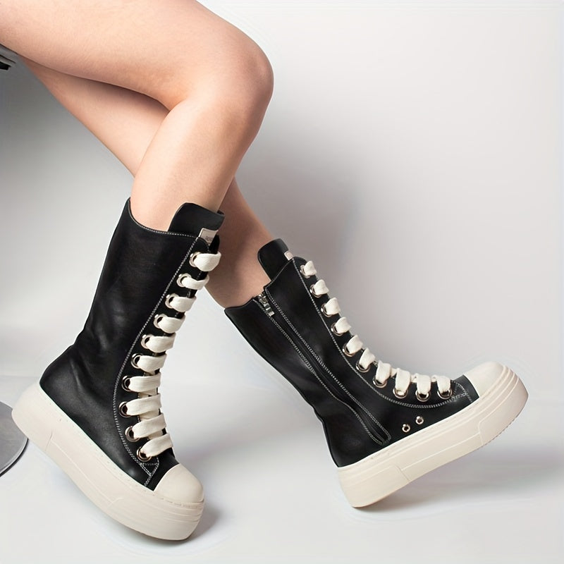 Platform High-Top Boots Black White with Lacing