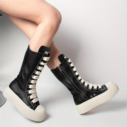 Platform High-Top Boots Black White with Lacing
