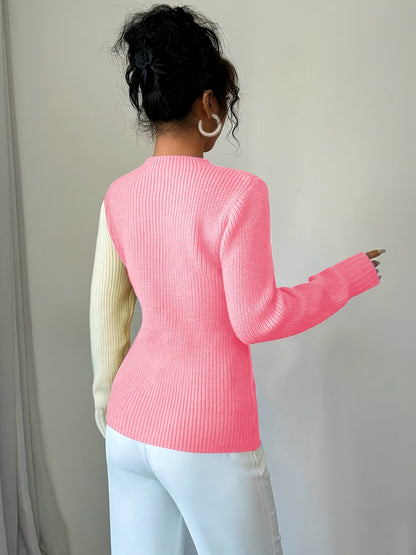 Women’s knitted pullover with heart pattern, crew neck, ribbed knit, long sleeves
