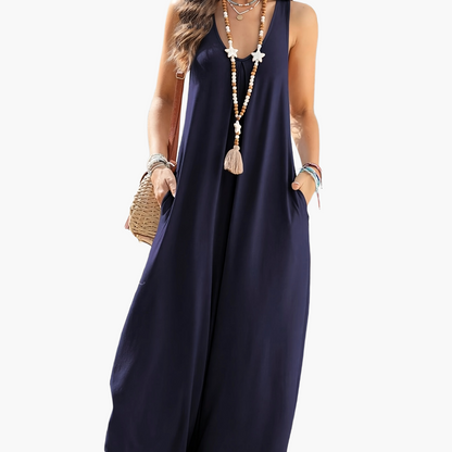 Women's Loose Jumpsuit with V-Neck and Pockets – Elegant Summer Romper for Leisure and Vacation