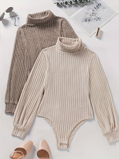 Damen Rollkragen Bodysuit Gerippt Langarm Strick Optik