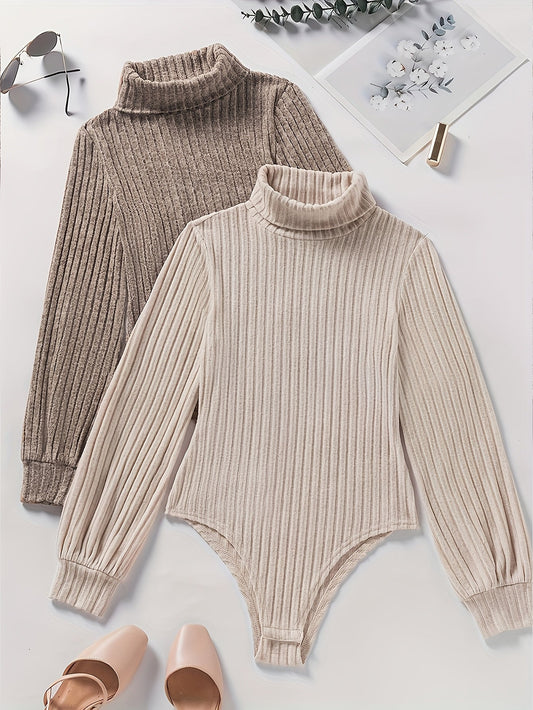 Damen Rollkragen Bodysuit Gerippt Langarm Strick Optik