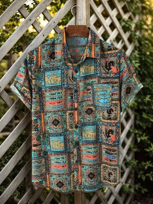 Men's Patchwork Resort Shirt with Vintage Pattern – Short Sleeve, Casual, Artistic Style