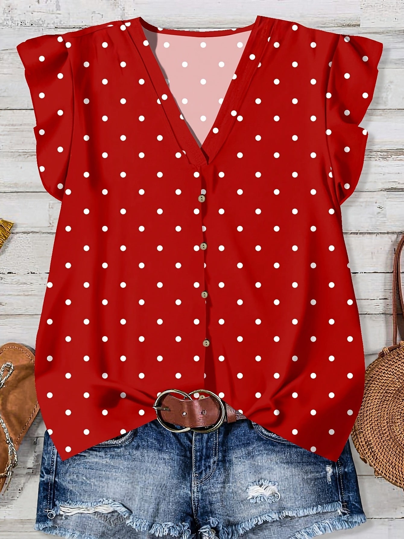 Women's summer blouse with hearts, V-neck, button placket, casual & romantic style