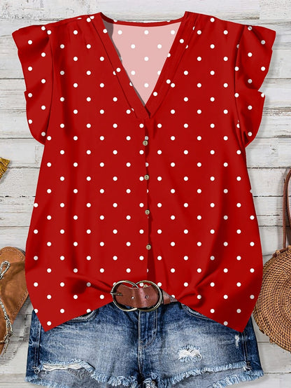 Women's summer blouse with hearts, V-neck, button placket, casual & romantic style