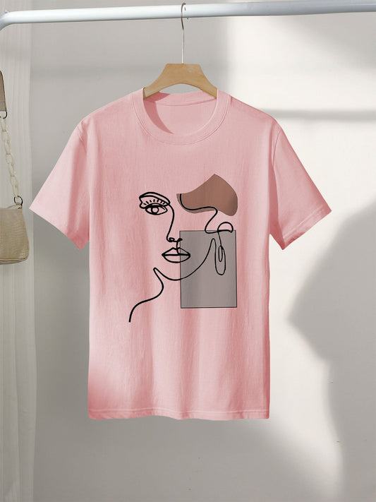 Women's T-shirt with Abstract Face Print, Modern Art Style, Casual Fashion
