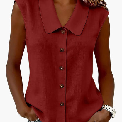 Women's sleeveless blouse with button placket and wide collar – Elegant casual wear