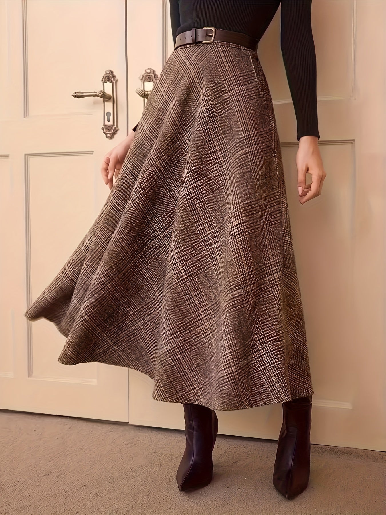 Women's plaid maxi skirt, A-line, high-waisted