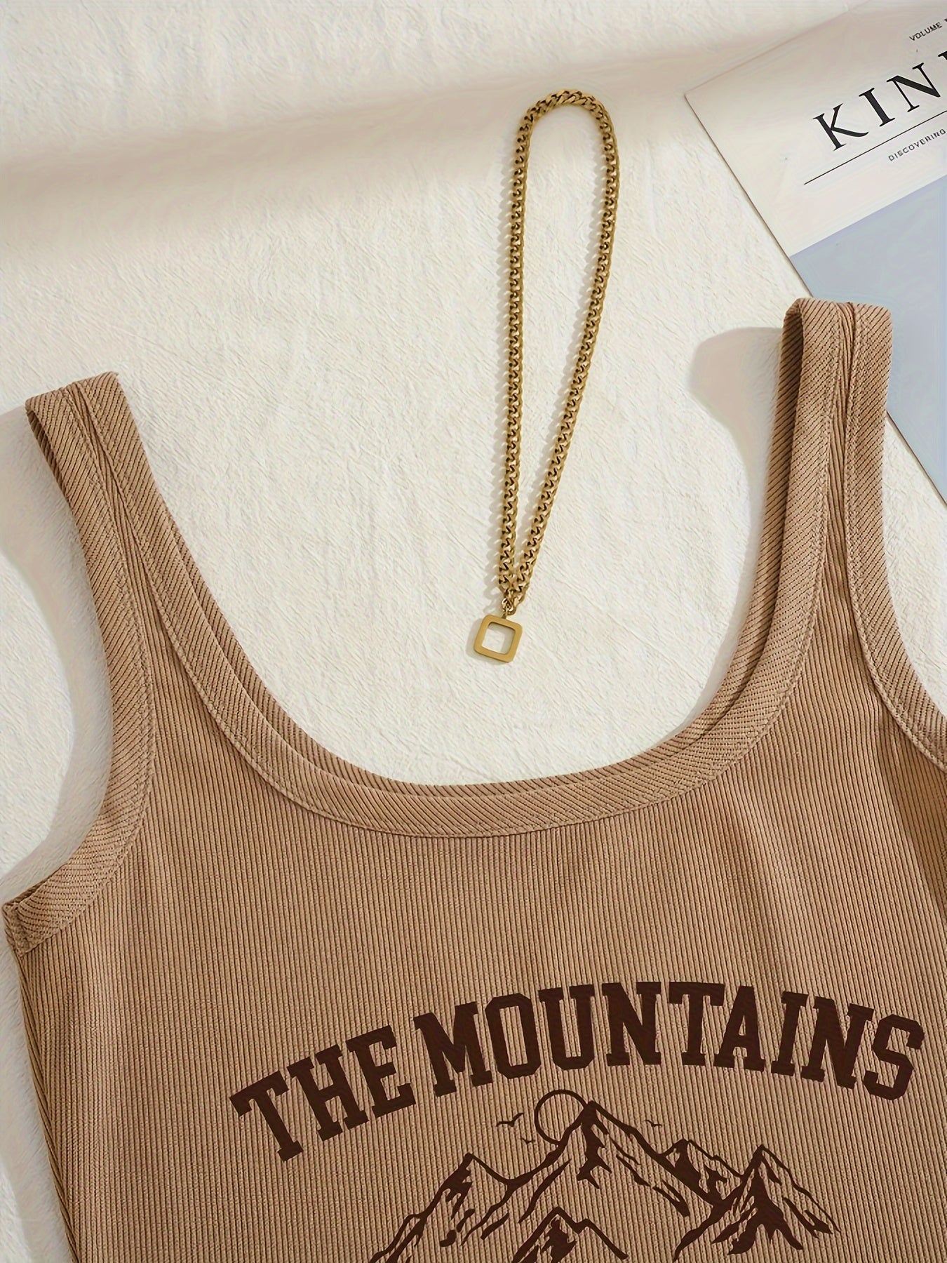 Women's sporty casual set with "The Mountains Adventure" print – top & shorts – perfect for summer & outdoor activities