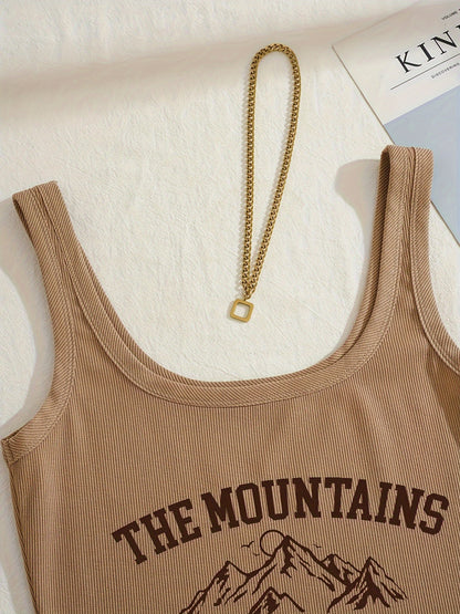 Women's sporty casual set with "The Mountains Adventure" print – top & shorts – perfect for summer & outdoor activities