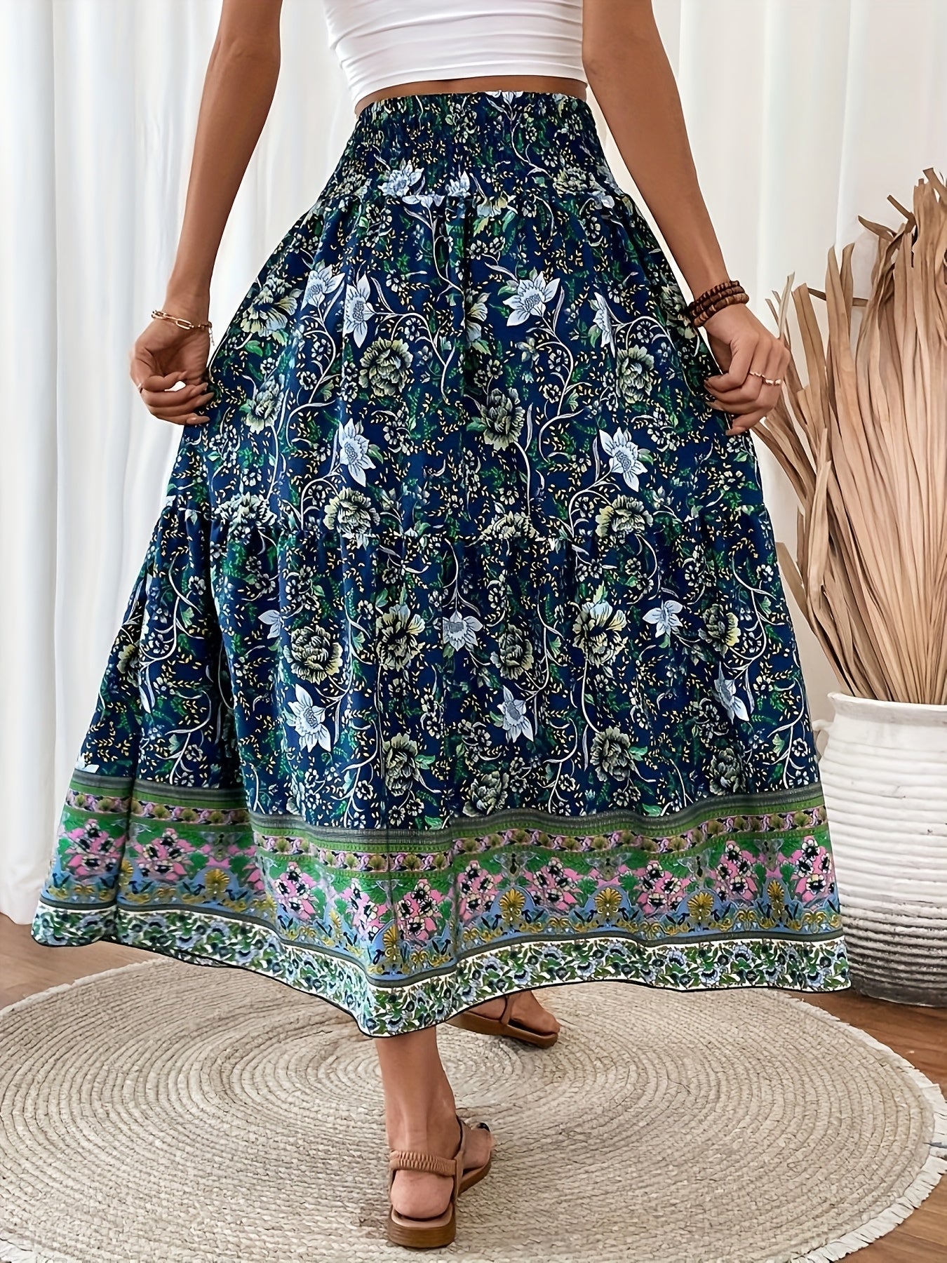 Women's Boho Maxi Skirt with Floral Pattern and Drawstring – Elegant Summer Skirt for Casual Wear and Vacation