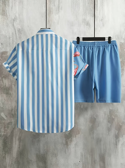 Herren Sommer Set Kurzarm Hemd und Shorts mit Flamingo-Print, Freizeit Outfit für Urlaub und Strand