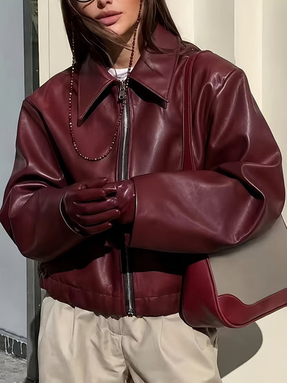 Women's leather-look bomber jacket with zipper and collar