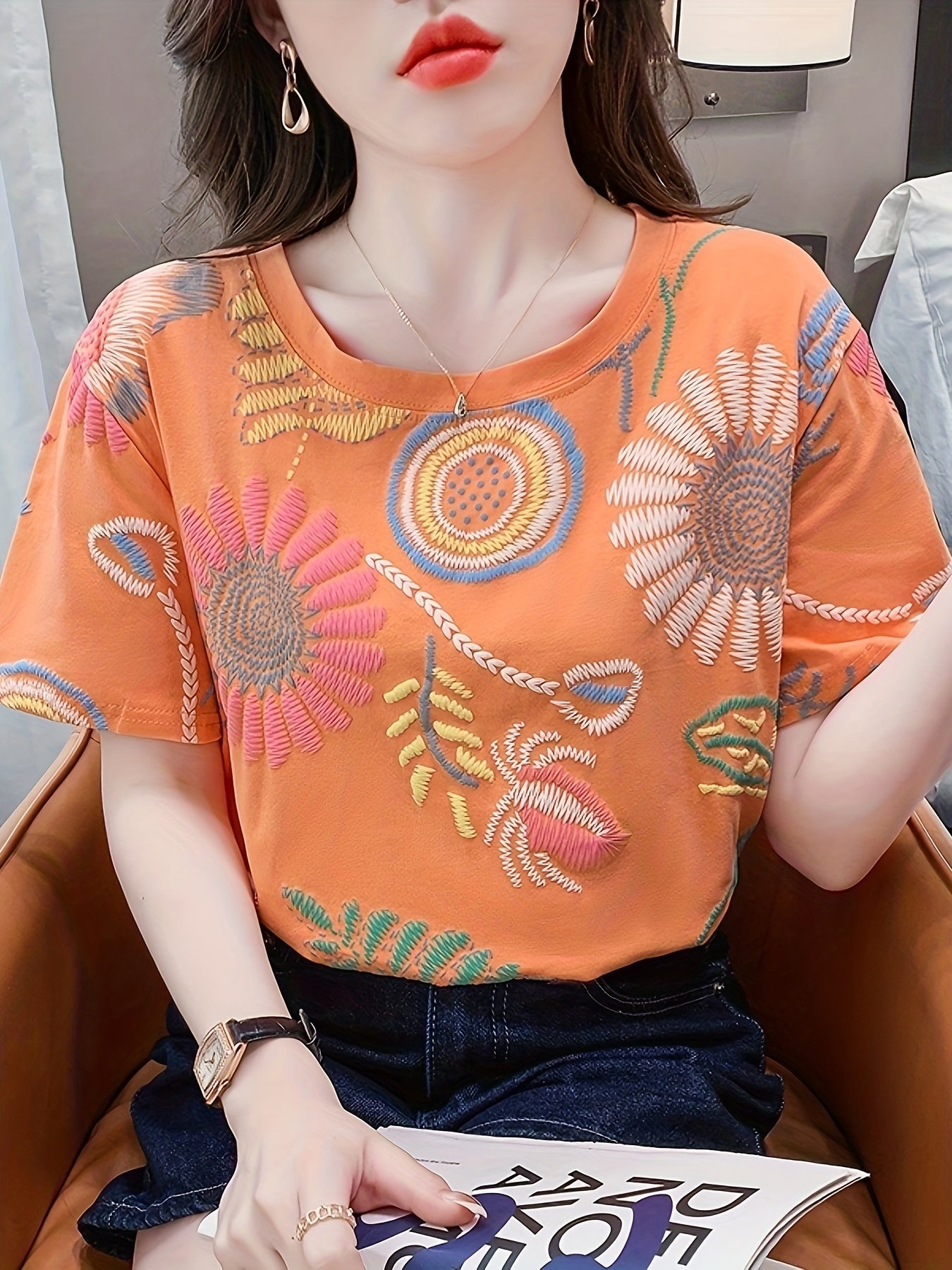 Women's Boho-Style Embroidered T-Shirt – Short Sleeve, Summer, Casual, Fashionable