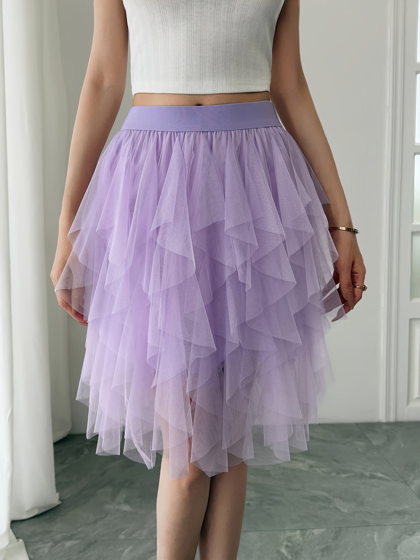 Damen Tüllrock mit Stufen-Design, Eleganter Lagenlook, Modisch für Freizeit und besondere Anlässe