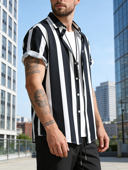 Men's Casual Short-Sleeve Shirt with Stripe Pattern – Modern Urban Style for Everyday and Leisure