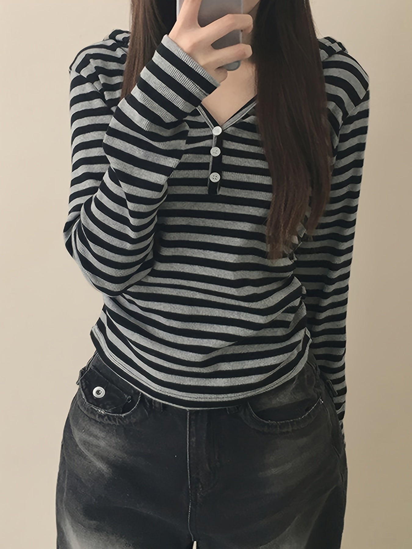 Damen Langarmshirt gestreift mit Knopfleiste