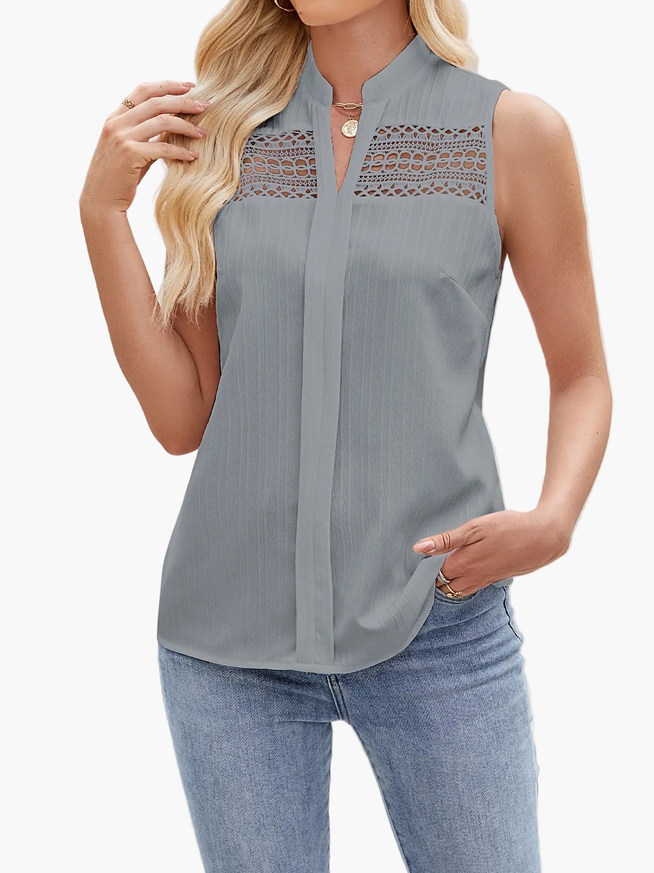 Damen Ärmellose Bluse mit Spitzenbesatz und Stehkragen – Elegante Sommermode für Freizeit und Büro