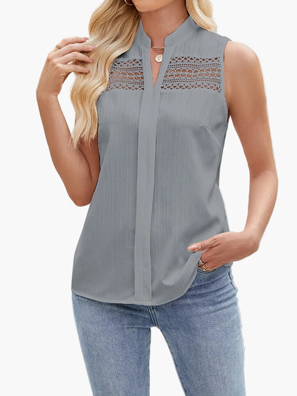 Damen Ärmellose Bluse mit Spitzenbesatz und Stehkragen – Elegante Sommermode für Freizeit und Büro