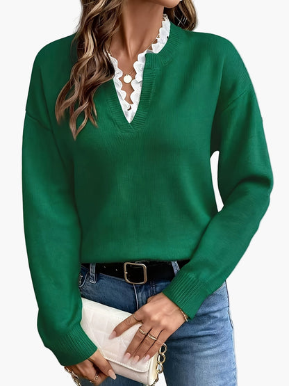 Women's Elegant Knit Sweater with Lace Trim and V-Neck – Ideal for Everyday and Office