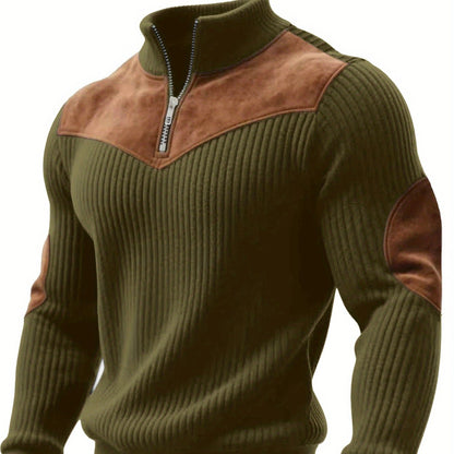 Ribbed men's quarter-zip sweater with suede-look patches