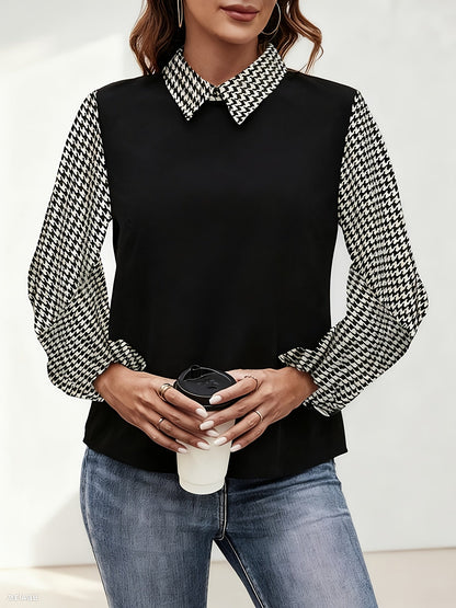 Women's black blouse with houndstooth-patterned sleeves and collar