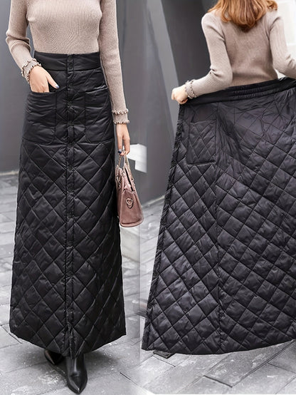 Stepprock Lang Damen Schwarz Gesteppt Knöpfe Taschen Hohe Taille