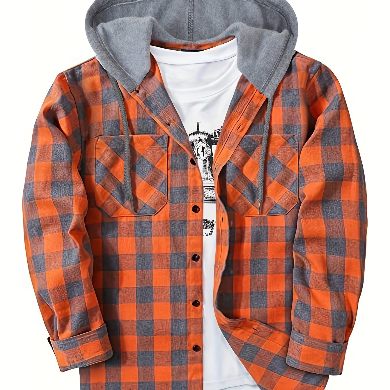 Men’s plaid hooded shirt with button placket
