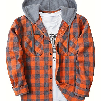 Men’s plaid hooded shirt with button placket