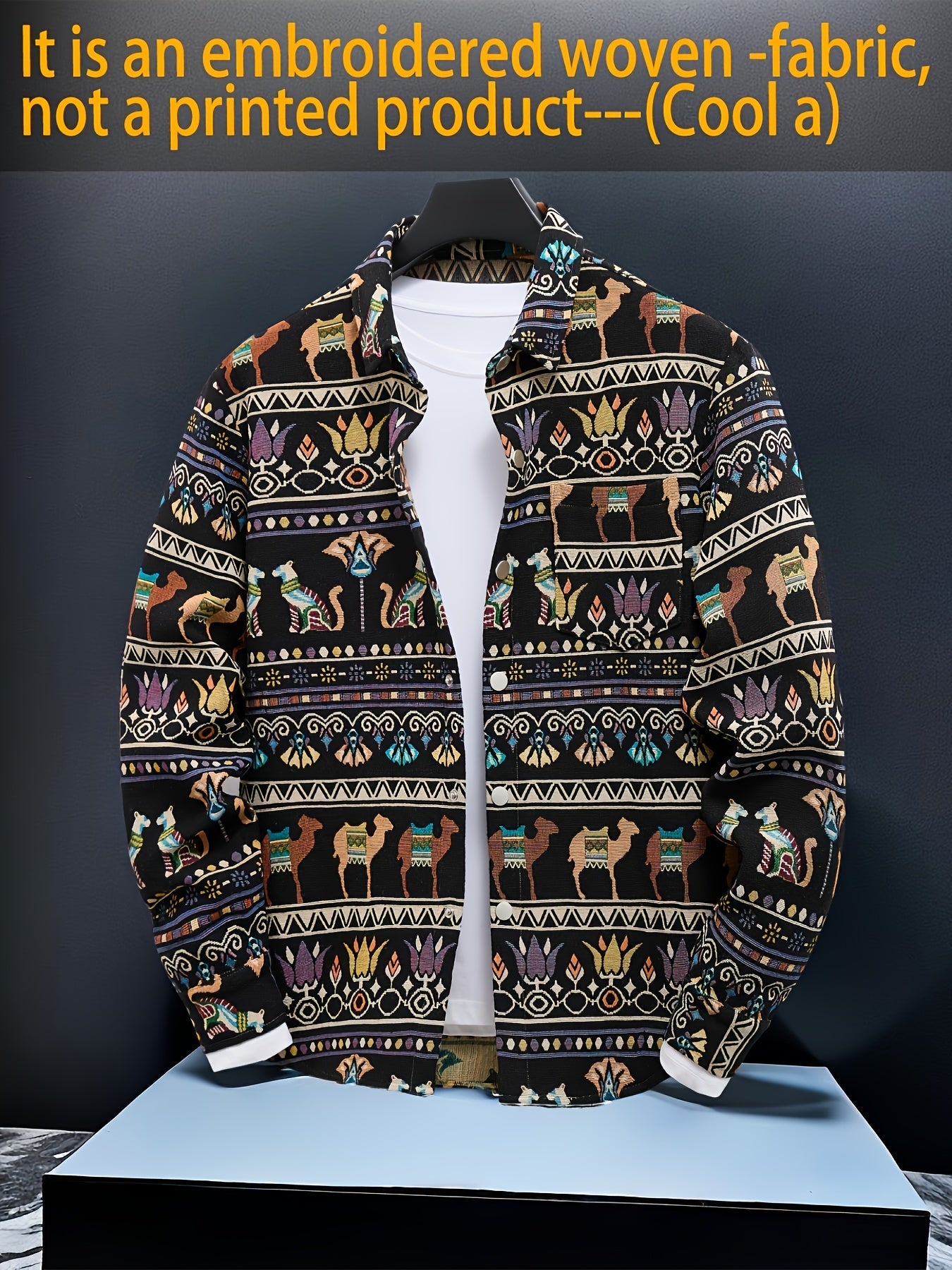 Men's casual long-sleeve shirt, patterned, ethnic print, beige