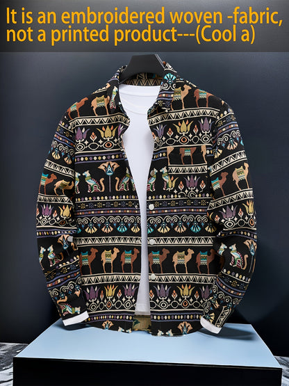 Men's casual long-sleeve shirt, patterned, ethnic print, beige