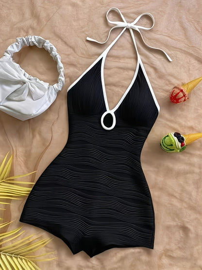 Women's Swimsuit with Wave Design and Boyshort Cut – Elegant One-Piece for Beach and Pool