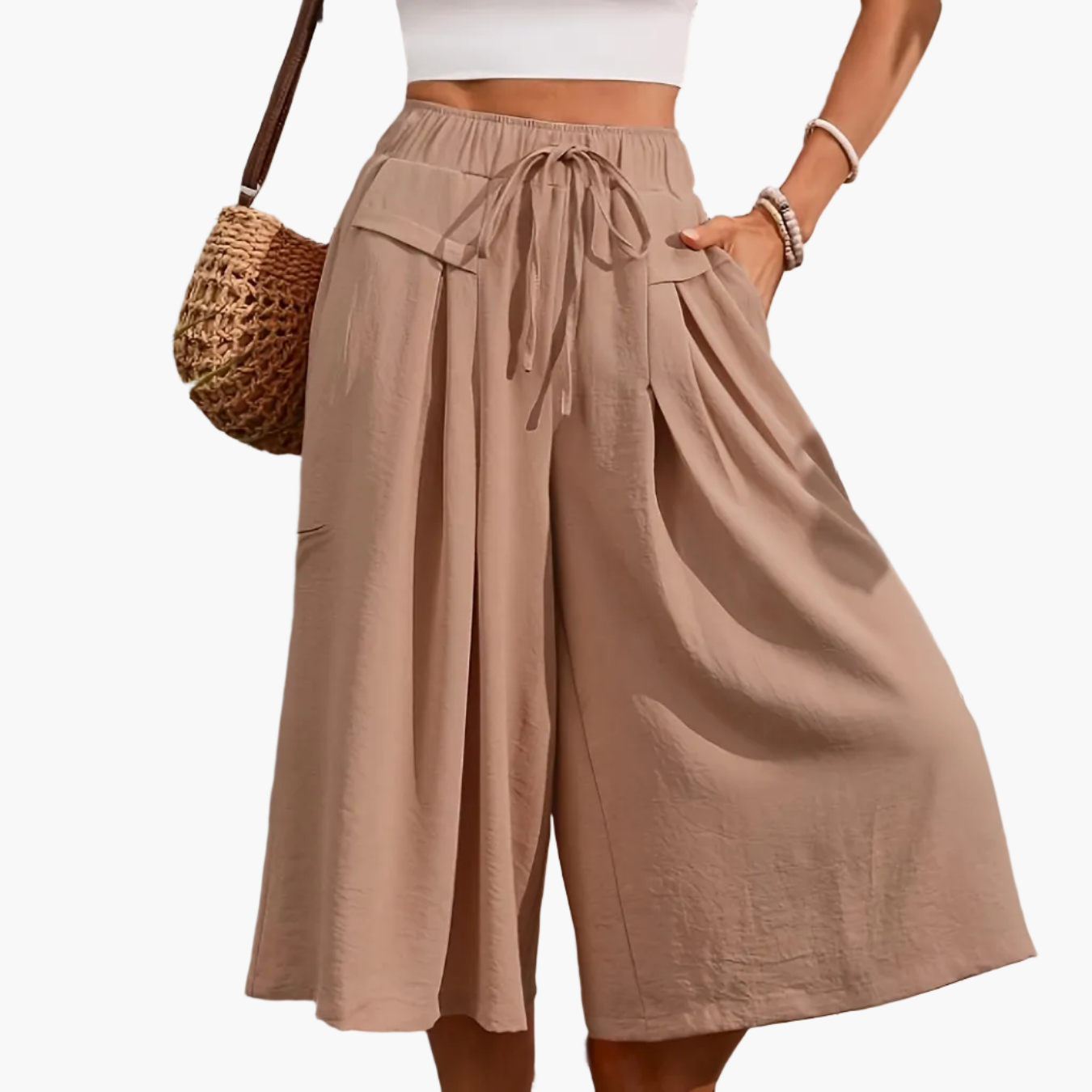 Women's Elegant Wide Summer Culotte Pants with Tie Belt – Fashionable Capri Pants for Leisure and Vacation
