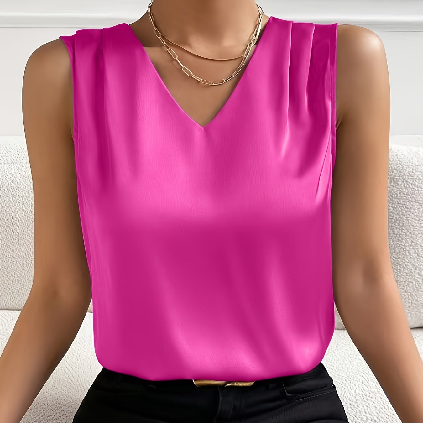 Women's Elegant Sleeveless Top with V-Neck – Business & Casual