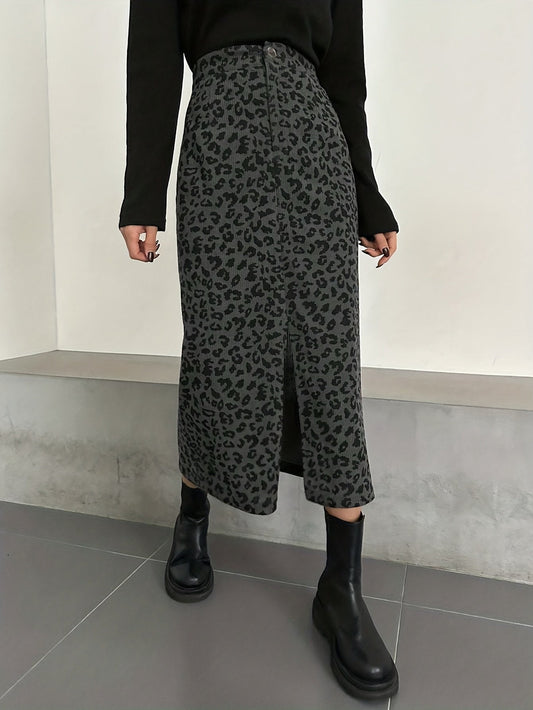 Damen Maxi Rock Leopard Print Rippstrick Schlitz