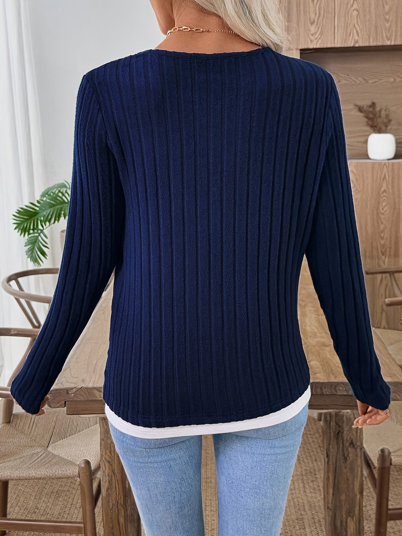 Damen Langarmshirt Gerippt Marineblau Henley-Ausschnitt