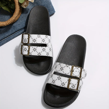 Women's Comfort Slides with Double Straps and Buckles – Fashionable Casual Sandals for Everyday and Vacation