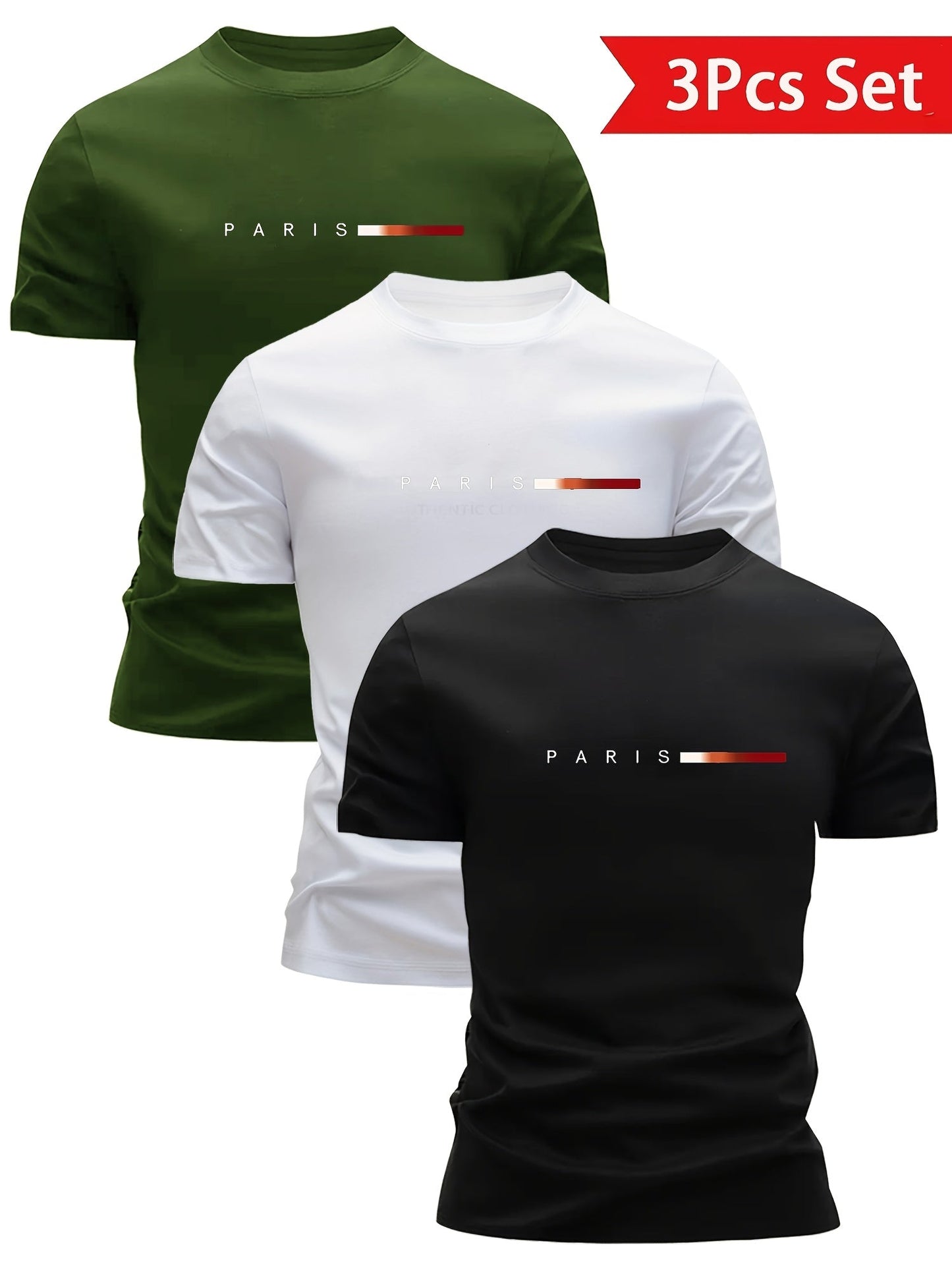 Men's T-Shirt Set 3-Pack – Modern Paris Print, Sporty Style, Perfect for Everyday & Leisure