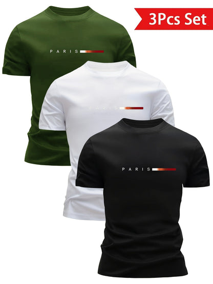 Men's T-Shirt Set 3-Pack – Modern Paris Print, Sporty Style, Perfect for Everyday & Leisure