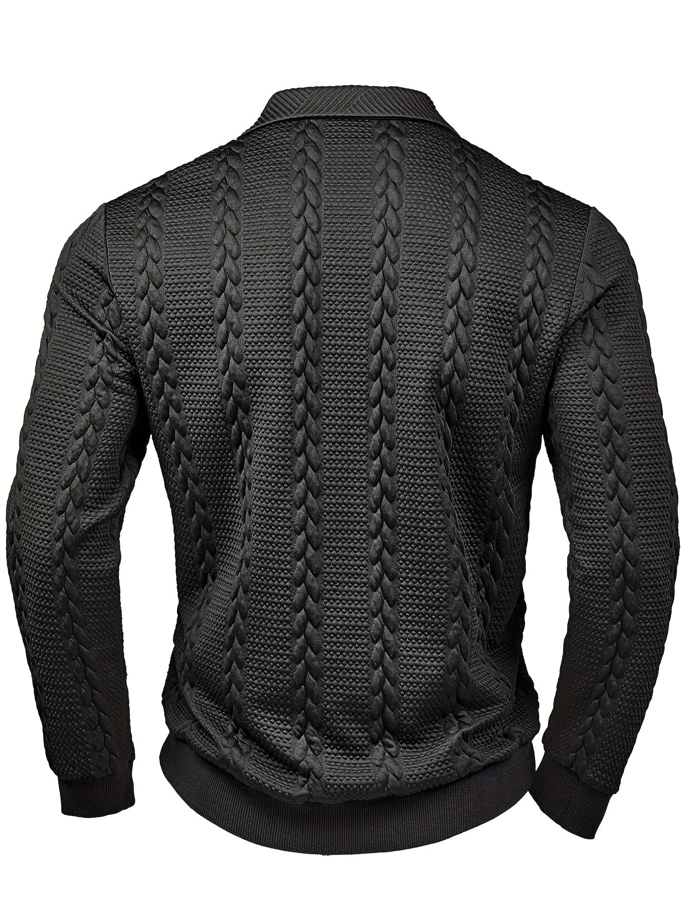 Men's textured black long-sleeve knit polo shirt