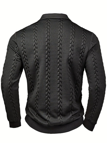 Men's textured black long-sleeve knit polo shirt