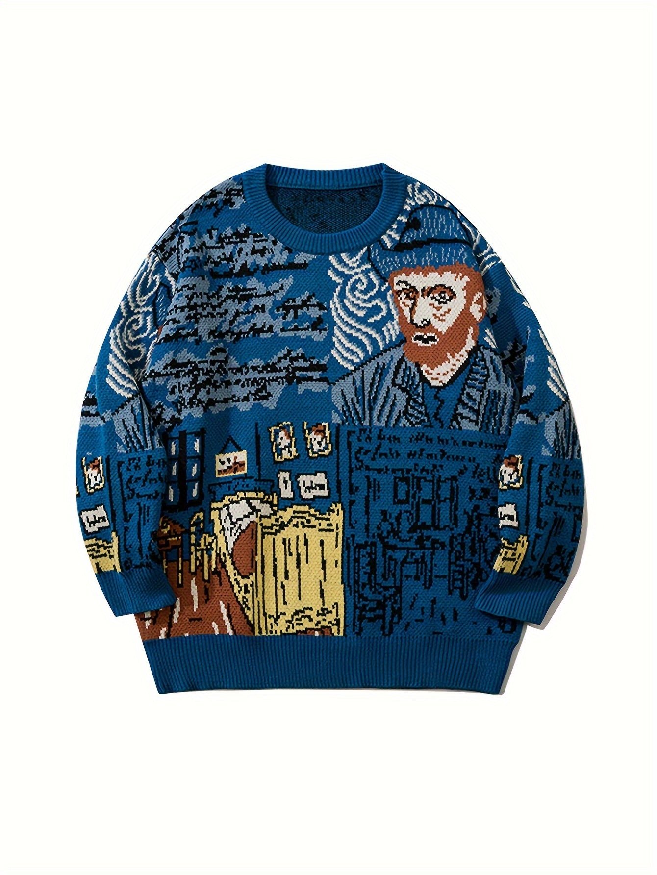 Strickpullover mit Kunstmotiv, Rundhalsausschnitt, Blau, Unisex