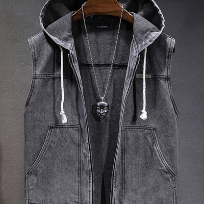 Men's denim vest with hood, sleeveless, with zipper and pockets