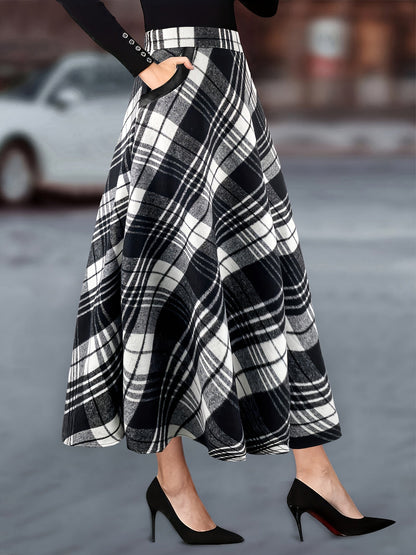 Damen Karierter Maxi-Rock A-Linie mit Taschen