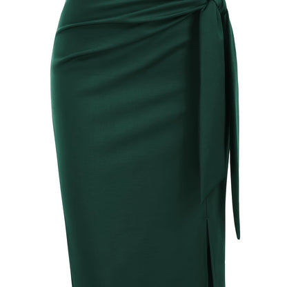 Women's Elegant Midi Skirt with Bow Detail and Slit – Perfect for Office & Festive Occasions